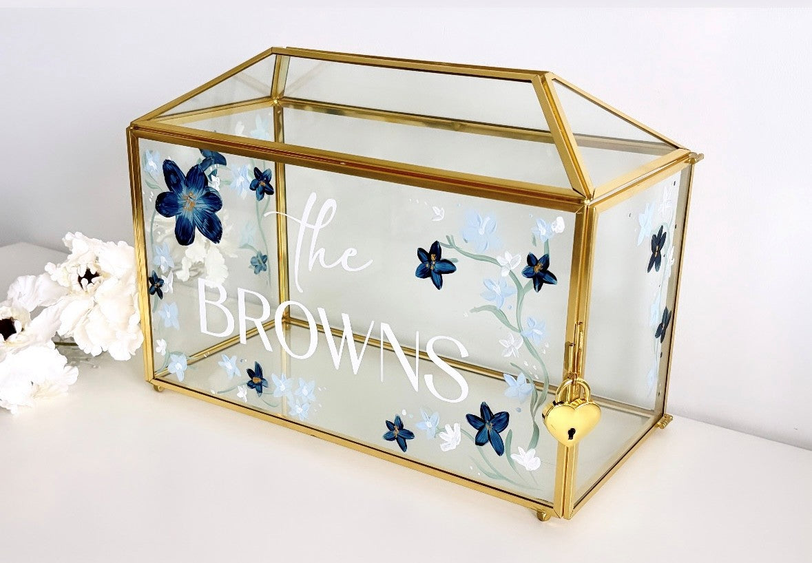 Hand Painted Glass & Gold Card Box with Heart shape lock